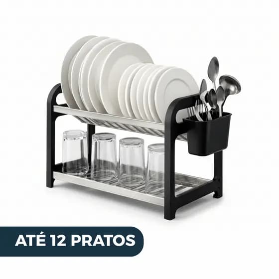 Escorredor de Louça 12 Pratos Preto em aço Inox com Porta Talheres Pia Cozinha Organizador Cozinha