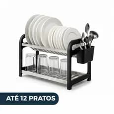 Escorredor de Louça 12 Pratos Preto em aço Inox com Porta Talheres Pia Cozinha Organizador Cozinha