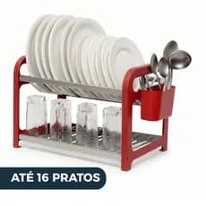 Escorredor de Louça 16 Pratos Vermelho em aço Inox com Porta Talheres Pia Organizador Cozinha