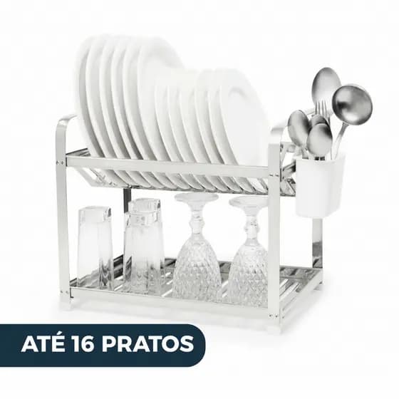 Escorredor de Louça em Inox 16 Pratos Montado com Porta Talher Secador Copos Panelas Cozinha Branco