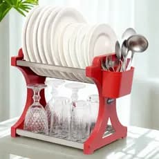 Escorredor de Louça 12 Pratos Vermelho em aço Inox Alto com Porta Talheres Pia Cozinha Organizador