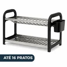 Escorredor de Louça 16 Pratos Preto em aço Inox com Porta Talheres Pia Cozinha organizador de pia