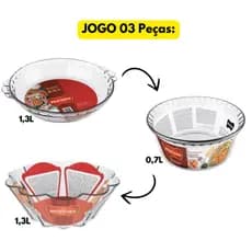 Jogo Kit 03 Peças Assadeira Lasaneheira Filetada 1,3L + 01 Assadeira Souflê 0,7L + 01 Brioche Flan