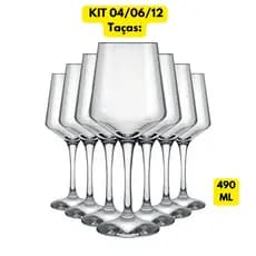 Jogo Kit 04/06/12 Taças Brunello 490ML Vidro Duralex Transparente Água Vinho Champanhe Buffet