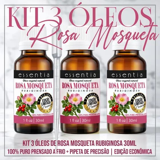 Kit Econômico 3x Óleo Rosa Mosqueta 30ml Puro Prensado a Frio  + Pipeta de Precisão Grátis