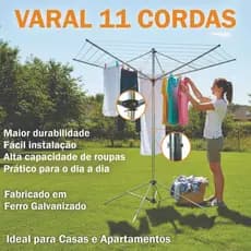 Varal de Chão Giratório 11 Cordas Grande Resistente Bipartido Prateado de Roupa