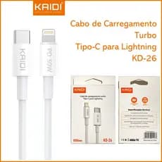 Cabo de Dados e Carregamento Turbo Tipo-C para Lighting KAIDI KD-26 Potência Máxima: 30w