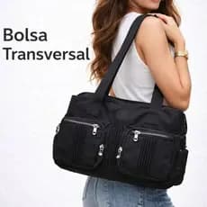 Bolsa Transversal de Ombro Grande em Nylon Cabe Notebook Bolsos Frontais