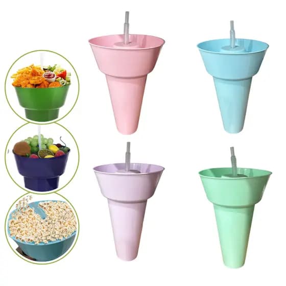 Copo Petisqueira com Canudo Copo Snack Com suporte para Pipoca Lanches Batata Comidinhas 1200ml