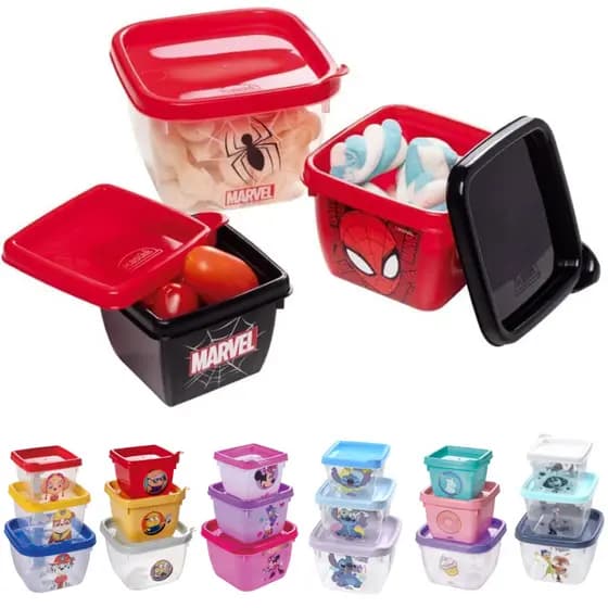 Kit 3 Potes Marmitinhas Para Lanche Papinha Oficial Plasútil Três Potinhos Encaixáveis Disney Homem Aranha Unicórnio