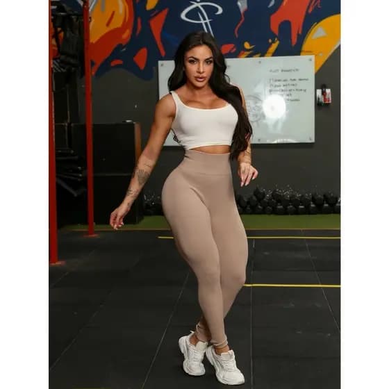 Sport Studio Leggings esportivas Calça Canelada modeladoras sem costura de cintura alta em cor sólidaYI-052