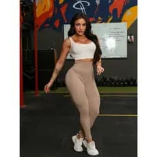 Sport Studio Leggings esportivas Calça Canelada modeladoras sem costura de cintura alta em cor sólidaYI-052