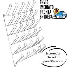 Porta Copos Escorredor Secador de Parede Bar Restaurante Para 30 Copos Caneca Xicara Metal Cromado