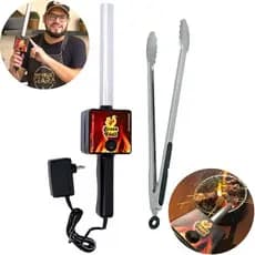 Acendedor Elétrico e Soprador Para Churrasqueira Brasa Fácil + Pegador Inox Universal para Churrasco  40Cm