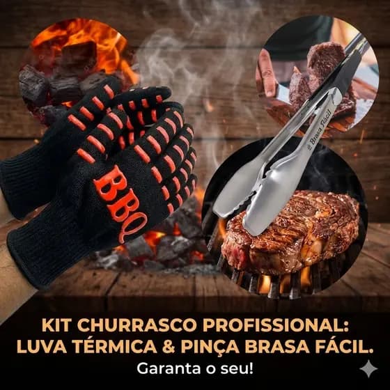 KIT Pegador Inox 45Cm Grande, Pinça para Alimentos Salada e Churrasco com Cabo Longo Brasa Fácil + 01 Luva Térmica 248°c
