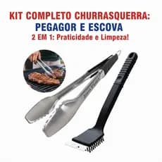 Kit Pegador Inox Universal 45Cm ou Pinça para Alimentos Salada e Churrasco Profissional Cabo Longo Brasa Fácil+escova