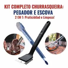 kit Pegador Inox Universal 40Cm ou Pinça para Alimentos Salada e Churrasco Profissional  Cabo Longo Brasa Fácil + Escova