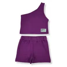 Roupa blogueirinha infantil blusa de um ombro e shorts em malha canelada
