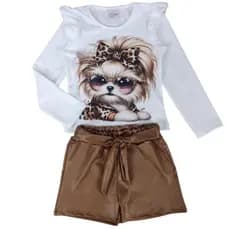 Conjunto Infantil Roupa Menina Meia Estação Cachorinho com Pedras de Strass