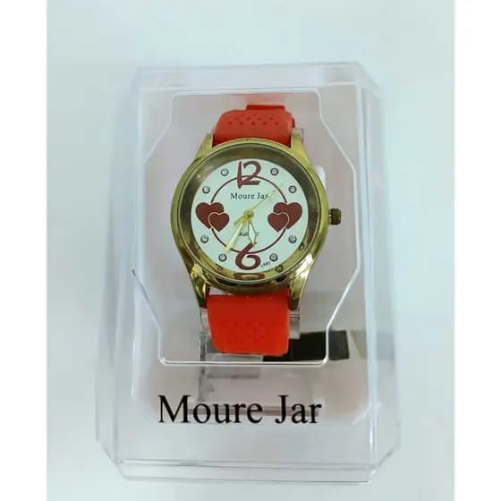 Relógio Feminino Mourejar com pulseira de borracha vermelho e mostrador prata com corações