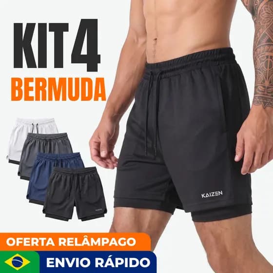 KIT 4 bermuda masculina 2 em 1 kaizen dupla camada para academia