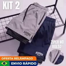 Kit 2 bermuda tactel 2 em 1 com zíper shorts com compressão para academia corrida e ciclismo