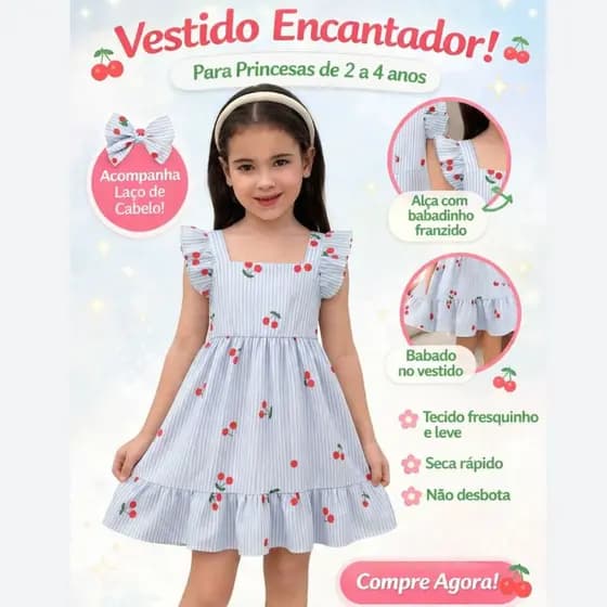 Vestido Infantil Rodado Menina EstampadoCom Babado e Alcinha 2 a 4 Anos Tendência Verão 2026