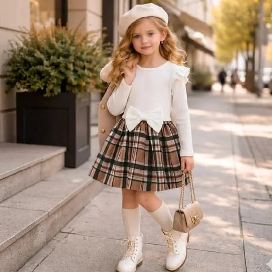 Vestido Infantil Luxo Inverno Xadrez com Saia Rodada e Forro Menina Look Elegante  Criança Passeio