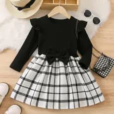 Vestido Infantil Inverno Menina Lindo e Elegante  Promoção Manga Longa Xadrez Preto e Branco Luxo 1 a 4 Anos