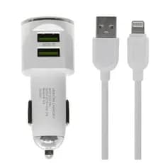 Carregador Veicular Turbo H'Maston, Entrada USB Dupla, C/ Cabo Lightning para Iphone Incluso Branco