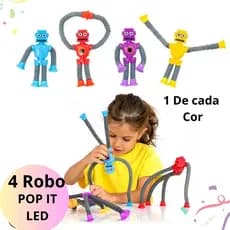 kit 4 Robô Pop It Estica Puxa Brinquedo Gruda Led Tubo Ventosa 1 de Cada Cor Colorido