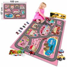 Tapete de lona Ilustrativo Pista de Carrinho 67x100cm Playmat Menina Rosa TP03