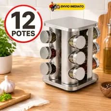 Porta Temperos Giratório Inox 12 Potes Organizador Cozinha Premium Vidro 360º Porta Condimentos