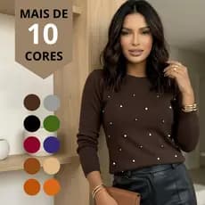 Blusa Feminina de Frio Manga Longa Malha Lãnzinha Com Pedraria Básica Elegante