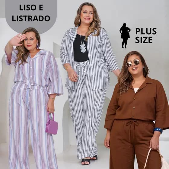 Conjunto Feminino Plus Size De Camisa + Calça Pantalona Listrado Alfaiataria | Elegante Soltinho