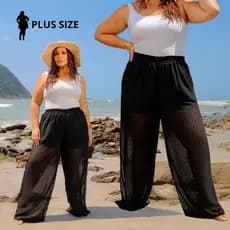 Calça Saída de Praia Plus Size Pantalona Tule Chiffon Elegante Moda Piscina