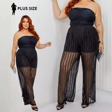 Calça Feminina Plus Size Preta Estilosa Para Festa Balada Com Brilho E Transparente