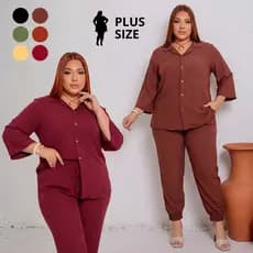 Conjunto Feminino Plus Size Camisa E Calça Jogger Social Com Elástico Básico Elegante