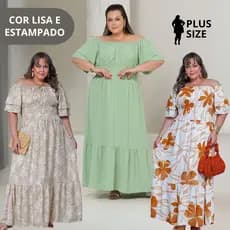 Vestido Plus Size Longo Floral Liso Evangélico Soltinho Com Elástico E Babado