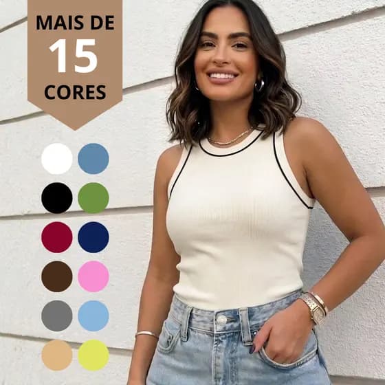 Regata Blusa Feminina Básica Algodão Canelada Com Detalhe Na Gola Ribana Moda Americana