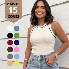 Regata Blusa Feminina Básica Algodão Canelada Com Detalhe Na Gola Ribana Moda Americana