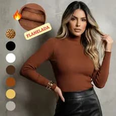 Blusa Feminina Gola Alta De Frio Manga Longa Flanelada Cacharrel Peluciada Térmica Básica Canelada