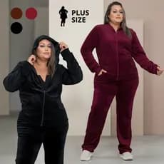 Conjunto Feminino Plus Size De Frio Veludo Plush Com Jaqueta E Calça Básico Da Moda