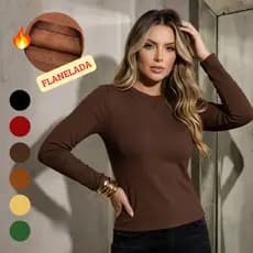 Blusa Feminina De Frio Manga Longa Flanelada Peluciada Térmica Básica Canelada