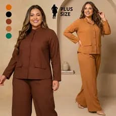 Conjunto Feminino Plus Size De Camisa + Calça Pantalona Alfaiataria | Elegante Soltinho E Básico