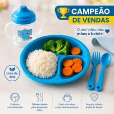 Kit 4 Peças Alimentação Bebê Azul Introdução Alimentar Refeição Garfo Colher Prato Copo Transição