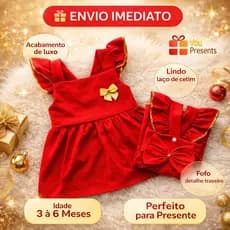 Vestido Bebê Menina 3 á 6 Meses c/ Laço Costas e Detalhe Dourado Vestido Infantil Festa Confortável