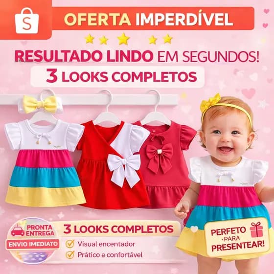 Kit 3 Vestidos Bebê Menina Roupas Infantil Feminina Confortável e Estilosa 3 á 6 Meses