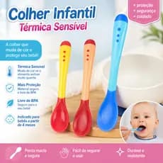 Colher Bebê Térmica Muda de Cor Silicone Segura Anti Queimadura BPA Free 4+ Meses