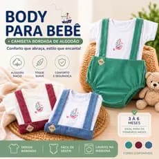 Body Bebê Masculino 3 a 6 Meses com Suspensório + Camiseta Bordada Algodão Conjunto Infantil